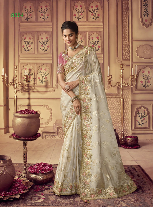 Vasundhara Heritage Tissue Cream Silk Saree – Handcrafted Embellished Royal Collection