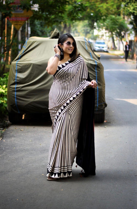 MODEL SILK BLACK & WHITE STRIP ELEGANT SAREE