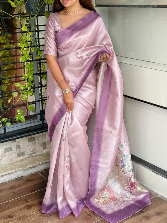 Paritosh Tusser Linen Saree with Khatha Hand Embroidery & Digital Print