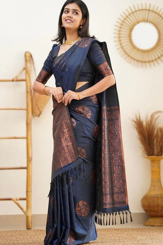 Banarasi Soft Silk Saree – Navy Blue | Traditional Zari Jacquard Motifs