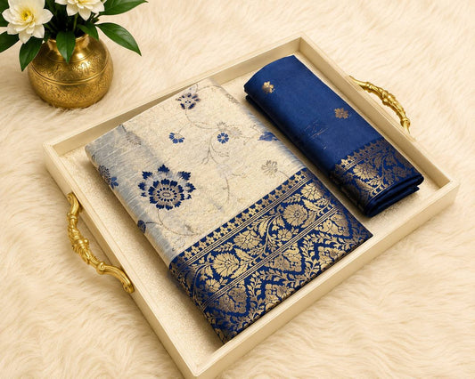 Royal Blue Ivory Banarasi Silk Saree | Intricate Gold Zari Floral Border