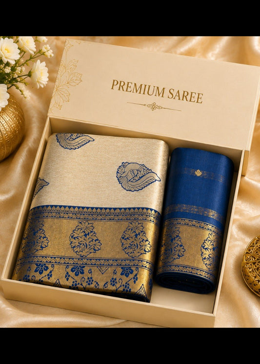 Royal Ivory Kanjivaram Silk Saree with Zari Border – Navy Blue