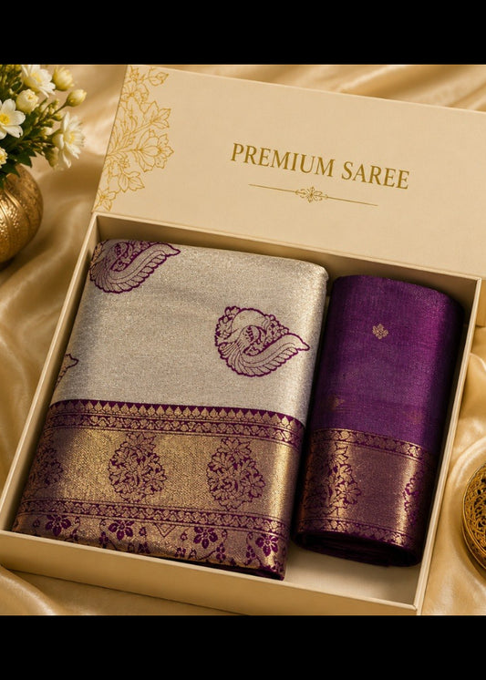 Royal Ivory Kanjivaram Silk Saree with Zari Border – Purple