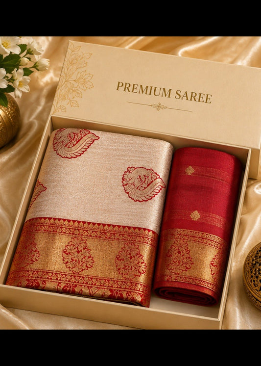 Royal Ivory Kanjivaram Silk Saree with Zari Border – Red