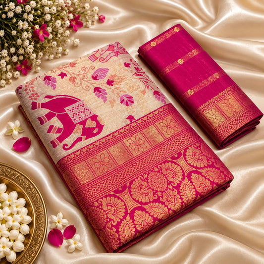 Rani Pink Heritage Banarasi Silk Saree | Elephant Motif Zari Jacquard
