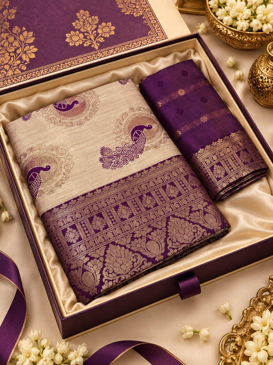 Royal Cream & Plum Banarasi Silk Saree with Peacock Jacquard