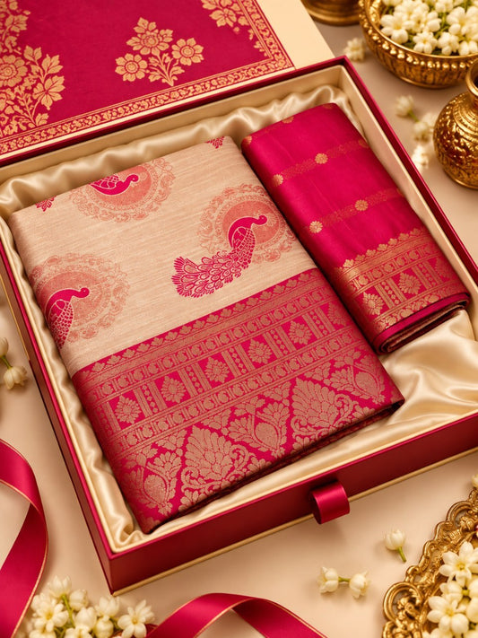 Royal Peach & Rani Pink Banarasi Silk Saree with Peacock Jacquard