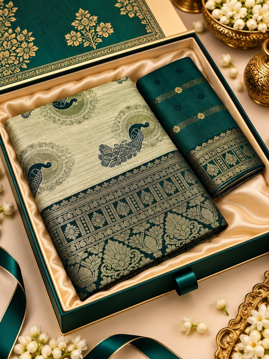 Royal Cream & Bottle Green Banarasi Silk Saree with Peacock Jacquard