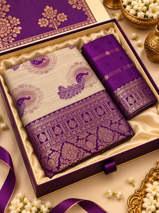 Royal Cream & Violet Banarasi Silk Saree with Peacock Jacquard