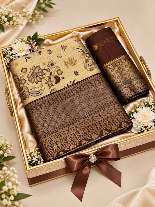Cream and chocolate brown floral jacquard saree with decorative zari border and matching blouse piece