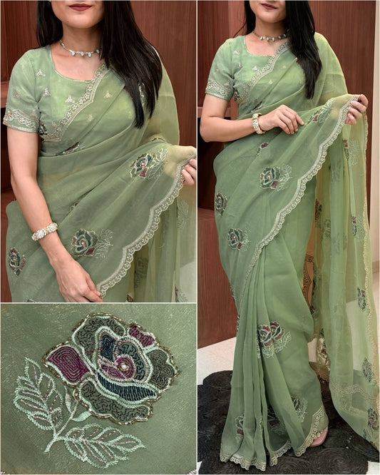 Nazakat sage green saree with multicoloured floral embroidery, bead detailing and scalloped embroidered border