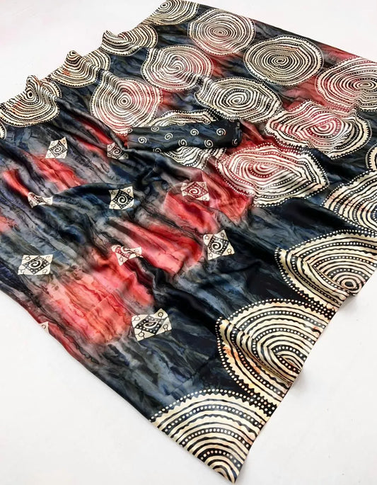 Prism Silk Modal Satin Ajrakh Hand Print Saree