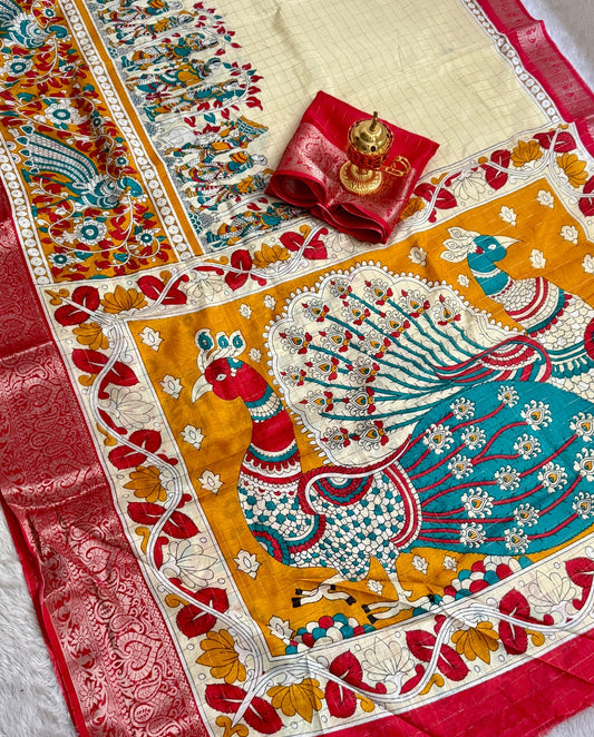 Soft Dola Silk Beautiful Checked Kamalkari Print