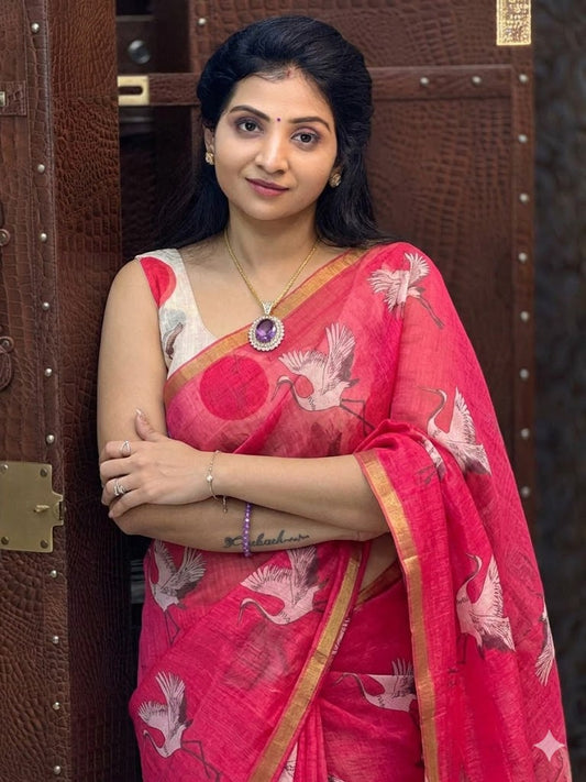 Hastkala Kalamkari Printed Cotton Saree with Zari Jacquard Border