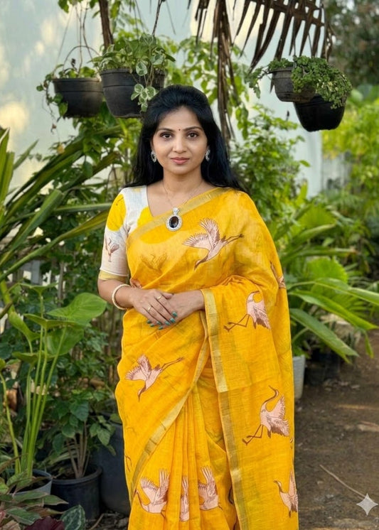 Soft Yellow Linen Saree with Gold Zari Border and Crane Digital Print with Matching Blouse – Sanskriti Saree
