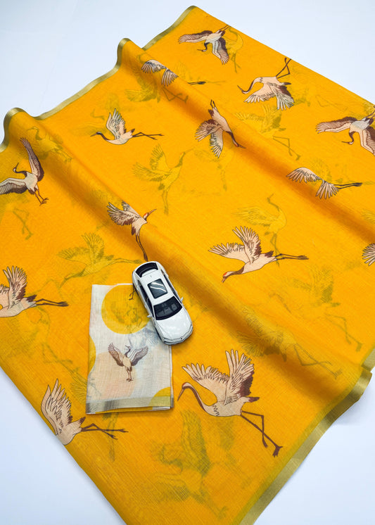Soft Yellow Linen Saree with Gold Zari Border and Crane Digital Print with Matching Blouse – Sanskriti Saree