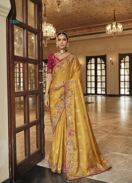 Suvarnalata Silk Saree | Golden Mustard with Narrative Embroidery & Magenta Blouse
