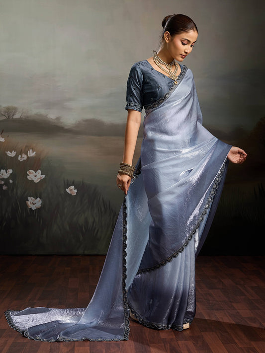 Two-Tone Glass Tissue Steel Blue Silver Shimmer saree