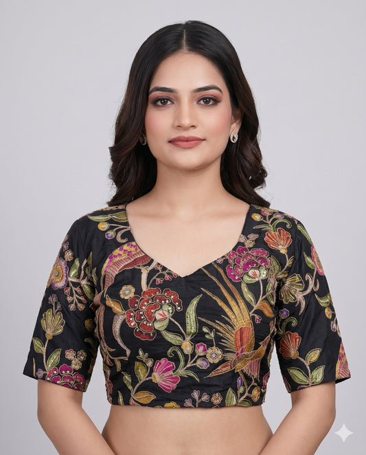 Black Sweetheart Neck Designer Embroidered Blouse
