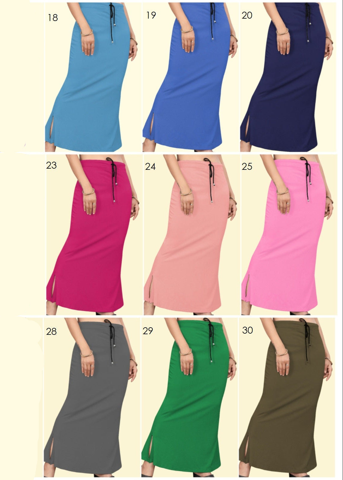 Woman wearing a long skirt in various colors with a beige background