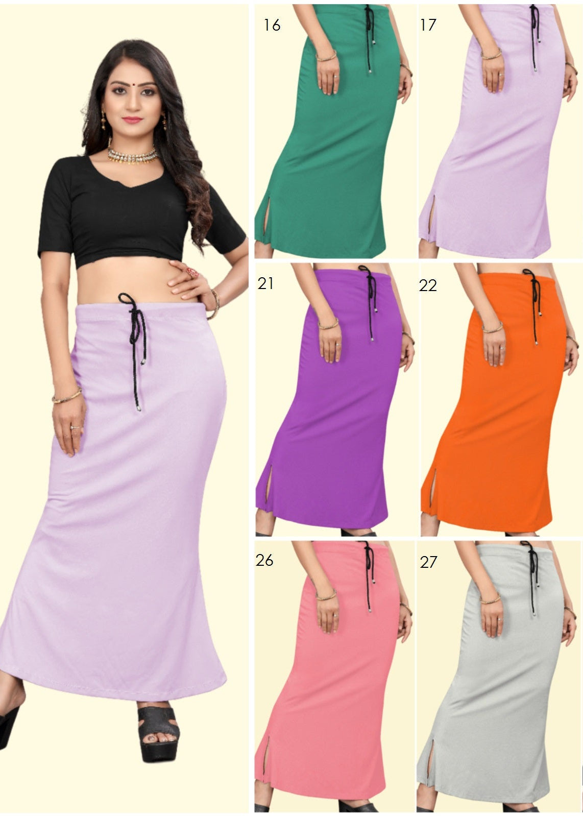 Woman wearing a long skirt in various colors with a beige background