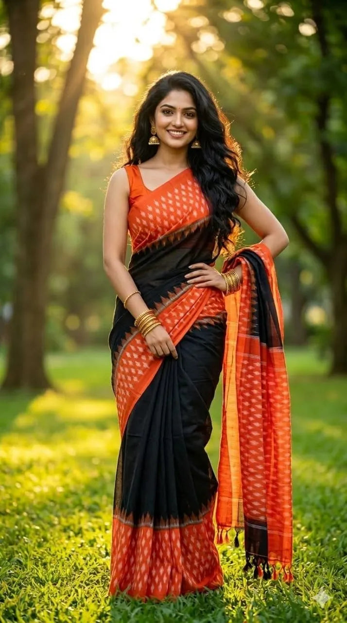 Pochampally Ikkat Pure Mercerized Cotton Saree – Double Ikat Weave