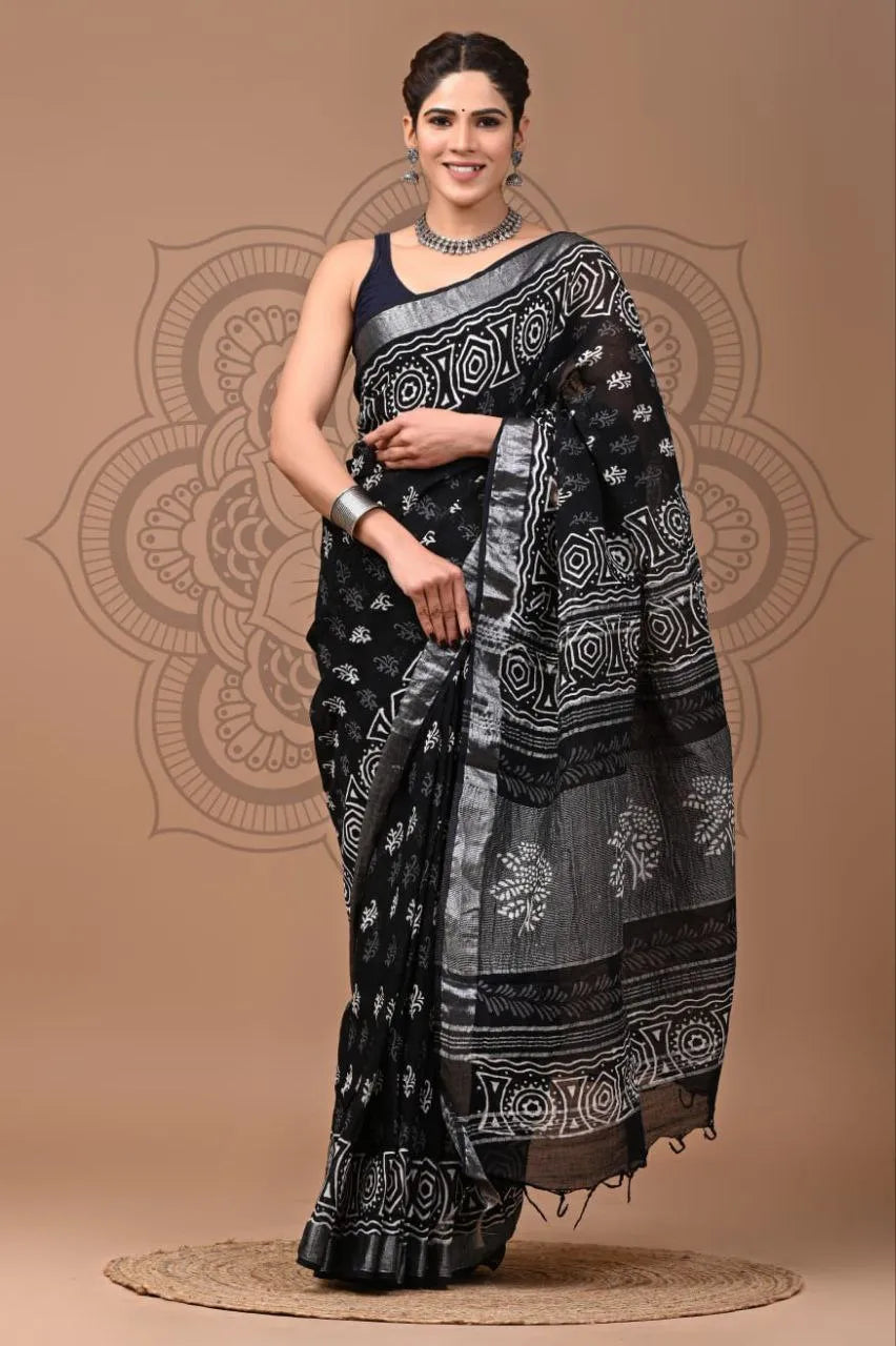 Pure Linen Silk Saree – Traditional Digital Print Pallu & Zari Border with Matching Blouse