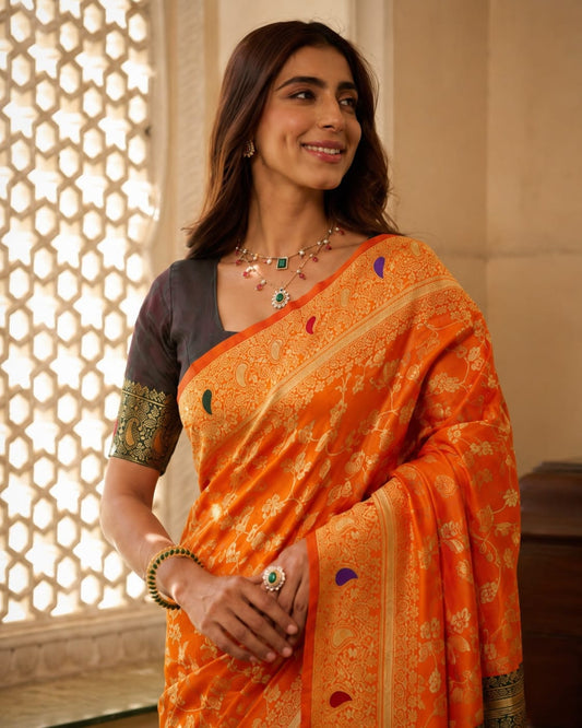 Orange Jacquard Paithani-Pattern Saree with Ornate Contrast Pallu
