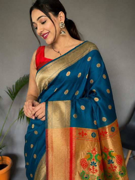 Teal Blue Jacquard Paithani-Pattern Saree with Peacock Pallu