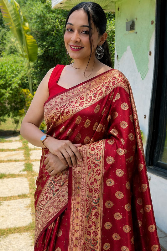 Maroon Jacquard Paithani-Pattern Saree with Gold-Tone Peacock Pallu