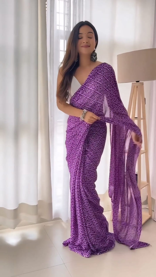 Pure Purple  Soft Georgette Bandhani Digital Print Ready To Wear Saree