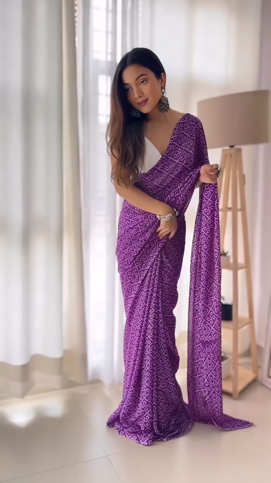 Pure Purple  Soft Georgette Bandhani Digital Print Ready To Wear Saree