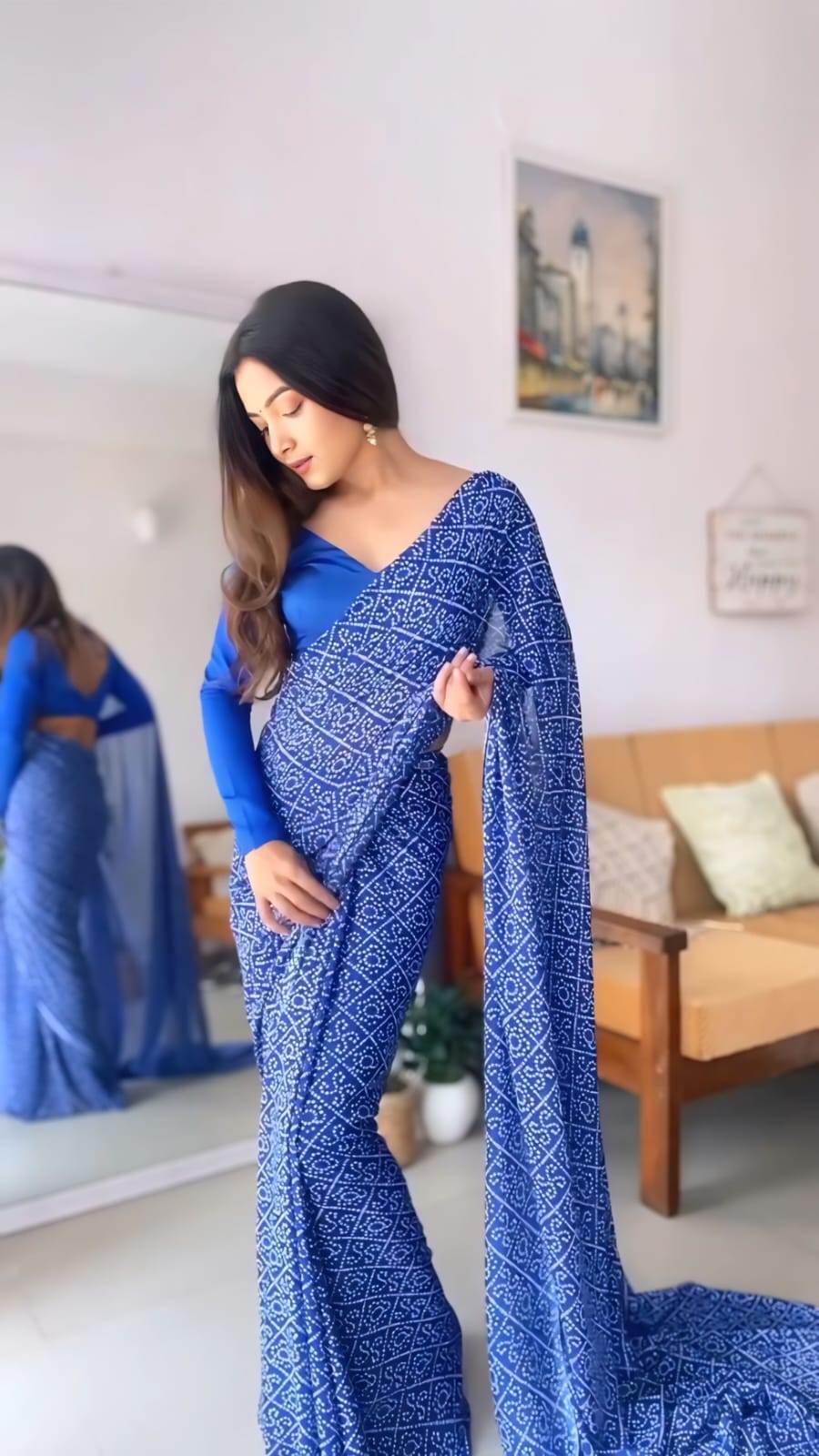 Pure Royal Blue Soft Georgette Bandhani Digital Print Ready To Wear Saree