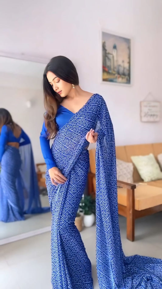 Pure Royal Blue Soft Georgette Bandhani Digital Print Ready To Wear Saree