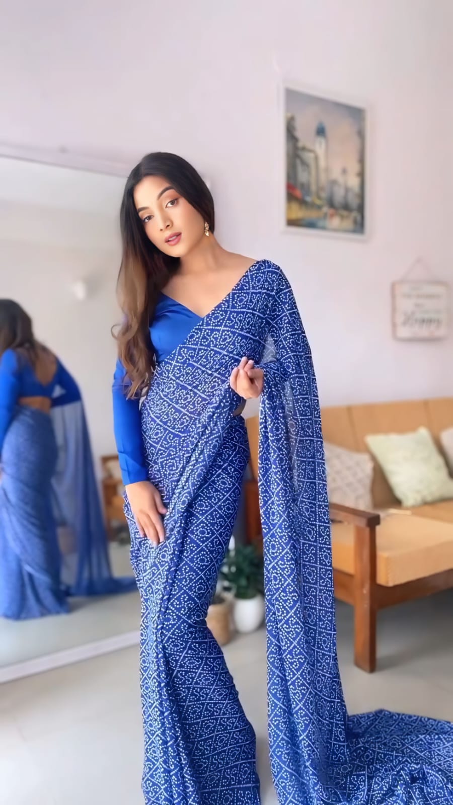 Pure Royal Blue Soft Georgette Bandhani Digital Print Ready To Wear Saree