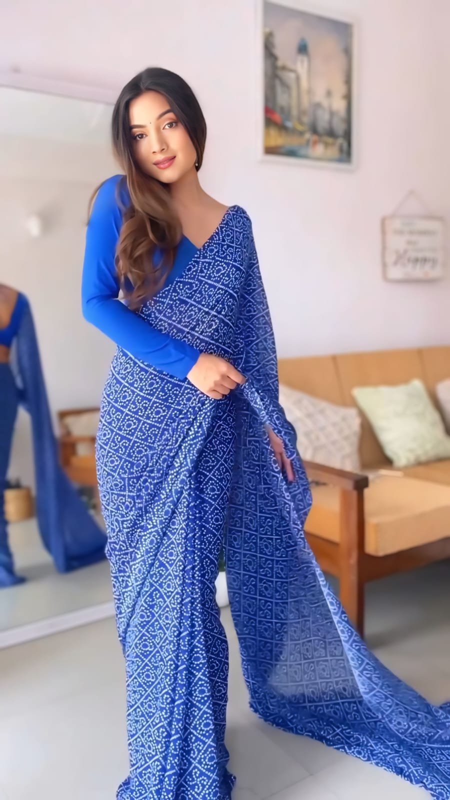 Pure Royal Blue Soft Georgette Bandhani Digital Print Ready To Wear Saree