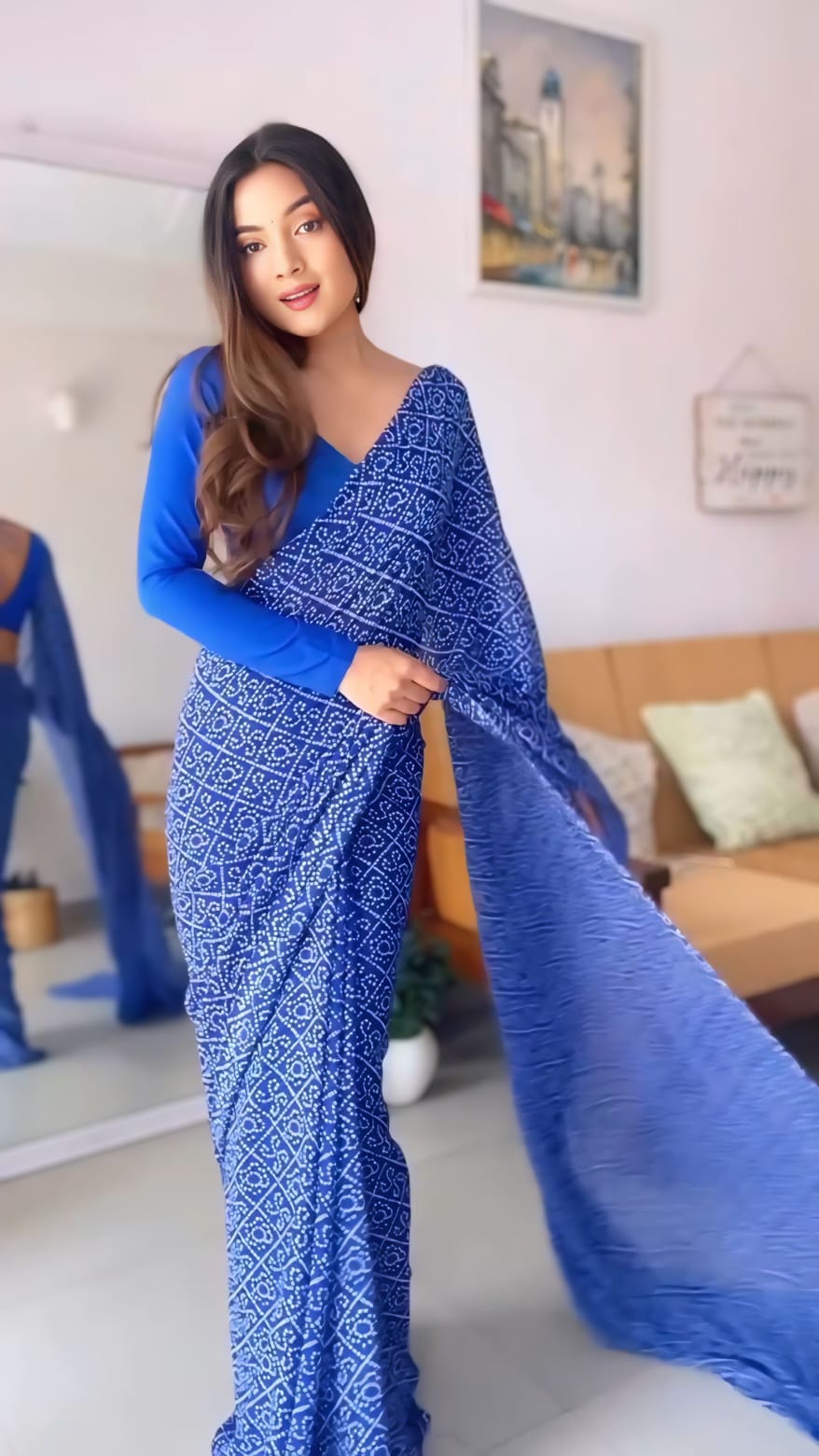 Pure Royal Blue Soft Georgette Bandhani Digital Print Ready To Wear Saree