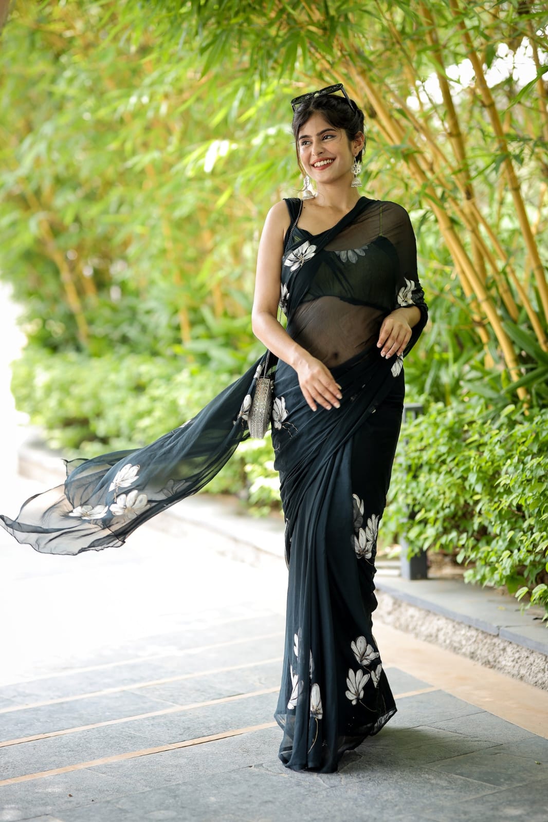 Pure Black  Soft Georgette White Floral Digital Print Ready To Wear Saree