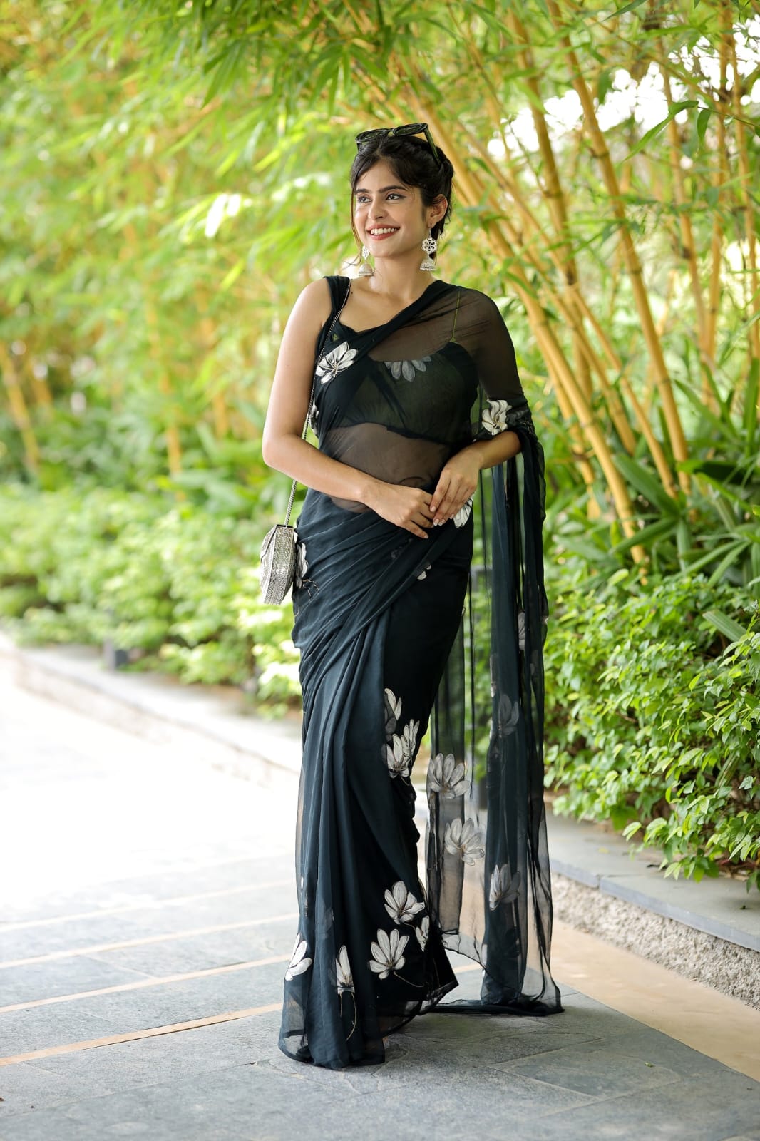 Pure Black  Soft Georgette White Floral Digital Print Ready To Wear Saree