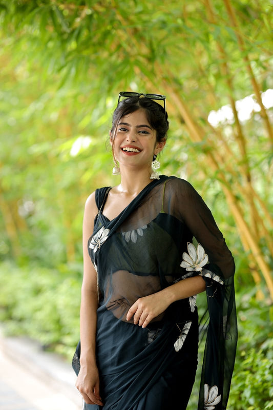 Pure Black  Soft Georgette White Floral Digital Print Ready To Wear Saree