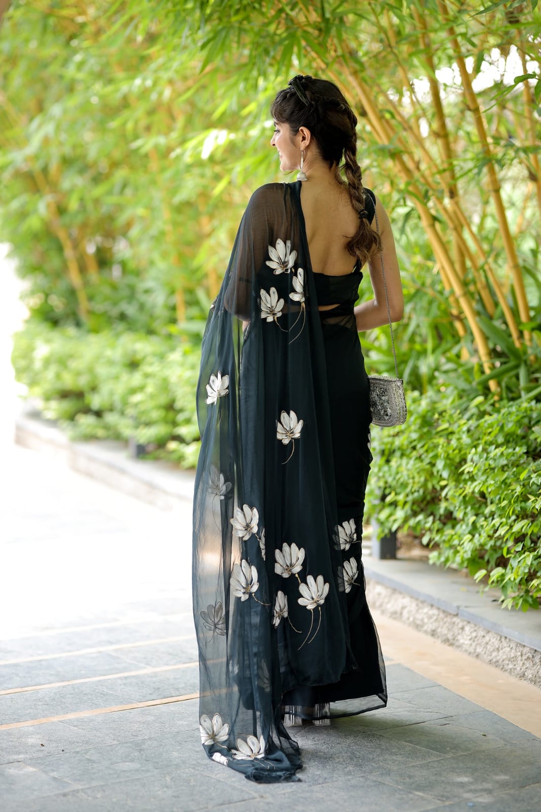 Pure Black  Soft Georgette White Floral Digital Print Ready To Wear Saree