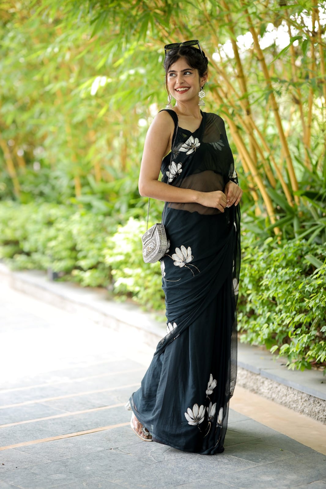 Pure Black  Soft Georgette White Floral Digital Print Ready To Wear Saree