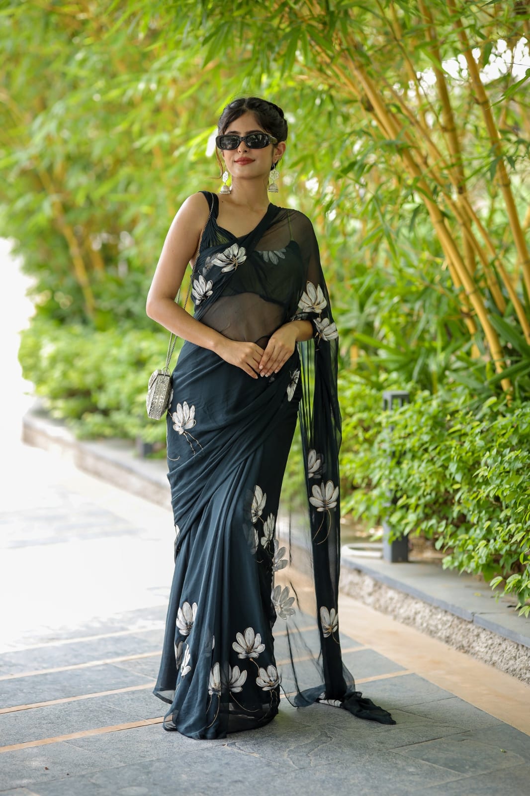 Pure Black  Soft Georgette White Floral Digital Print Ready To Wear Saree