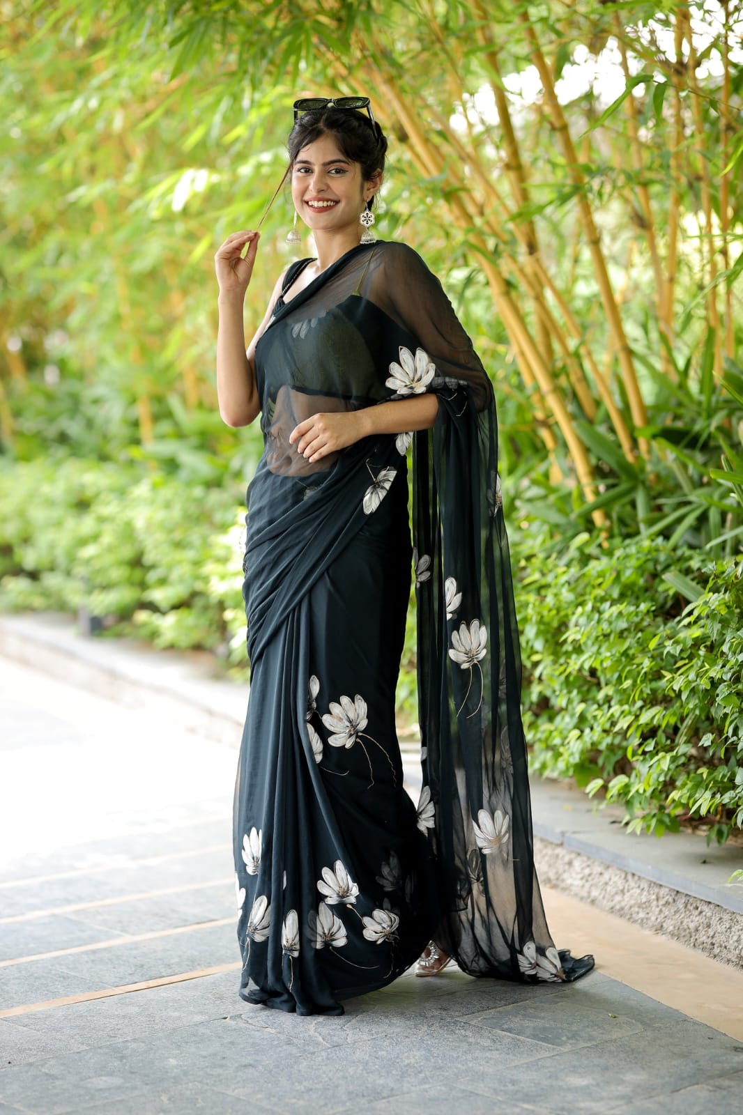 Pure Black  Soft Georgette White Floral Digital Print Ready To Wear Saree