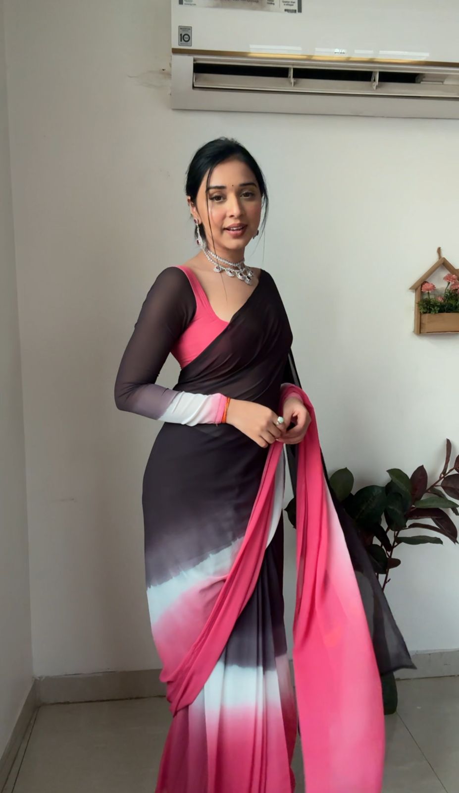 Pure Pink & White Ombre Soft Georgette Bandhani Digital Print Ready To Wear Saree