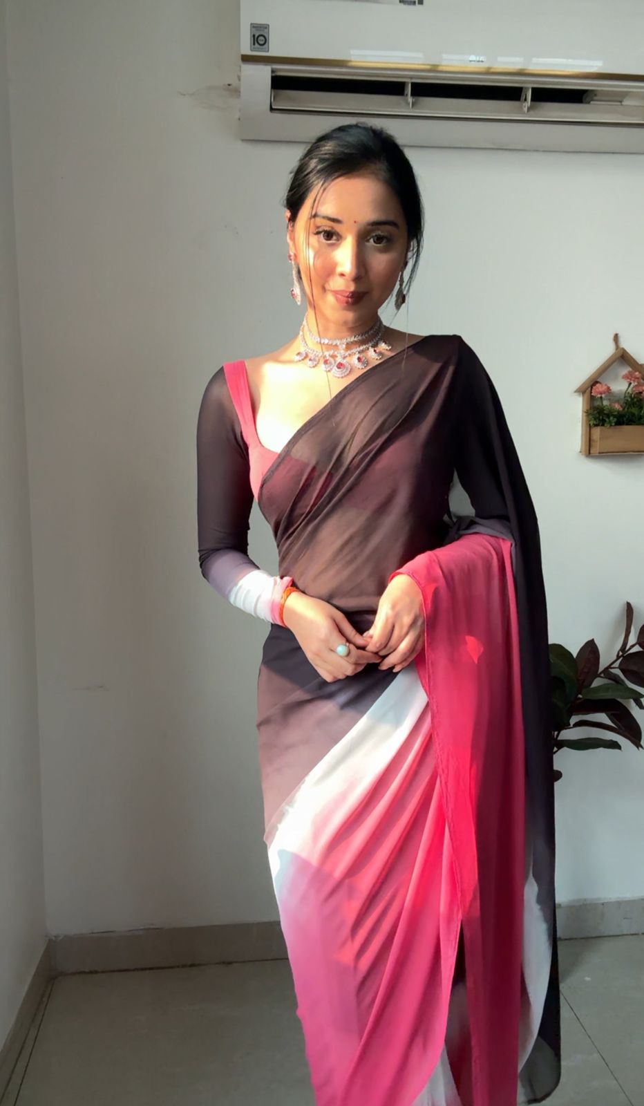 Pure Pink & White Ombre Soft Georgette Bandhani Digital Print Ready To Wear Saree