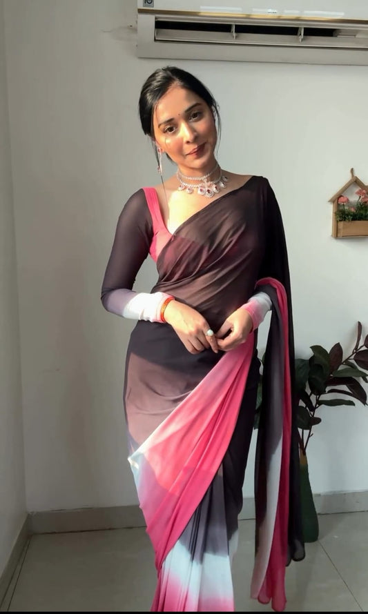 Pure Pink & White Ombre Soft Georgette Bandhani Digital Print Ready To Wear Saree