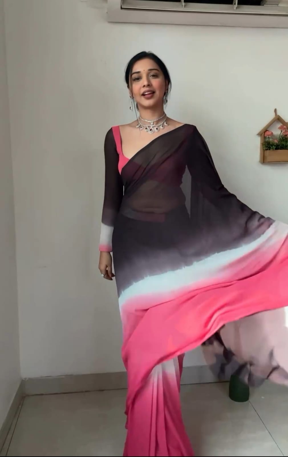 Pure Pink & White Ombre Soft Georgette Bandhani Digital Print Ready To Wear Saree