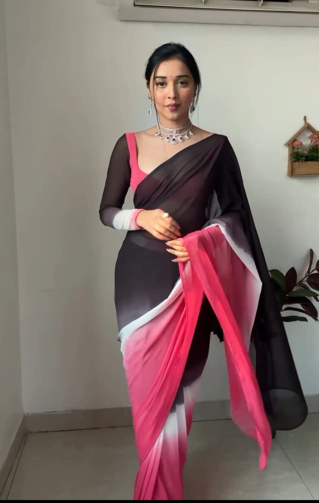 Pure Pink & White Ombre Soft Georgette Bandhani Digital Print Ready To Wear Saree