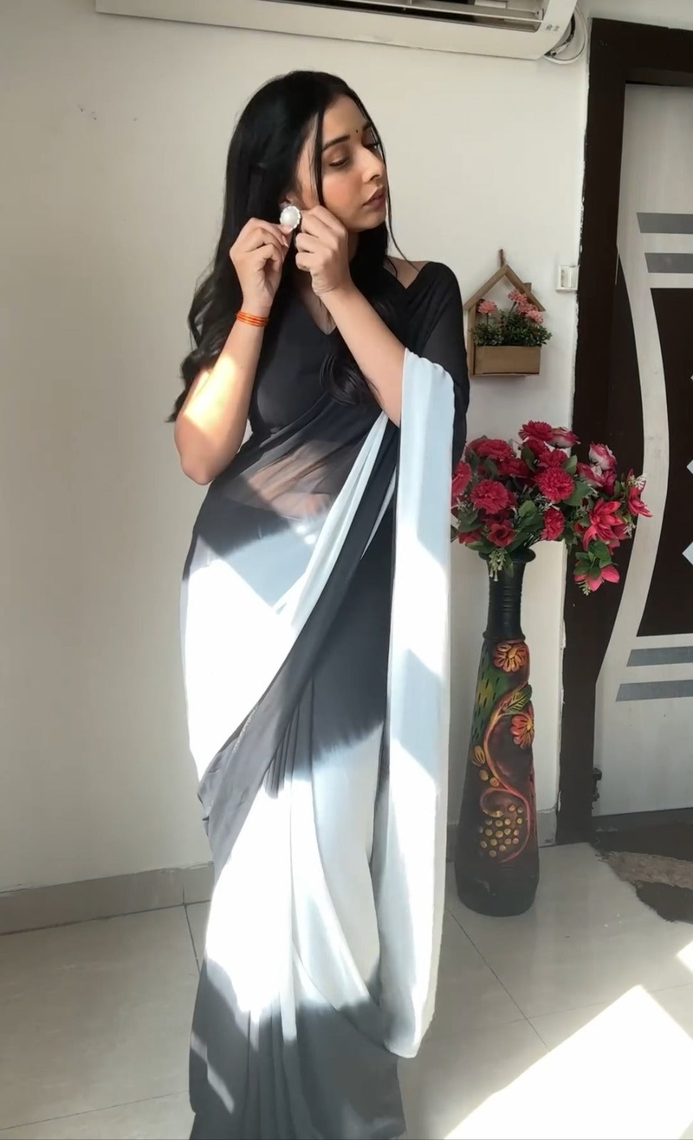 Pure Black & White Ombre Soft Georgette Bandhani Digital Print Ready To Wear Saree